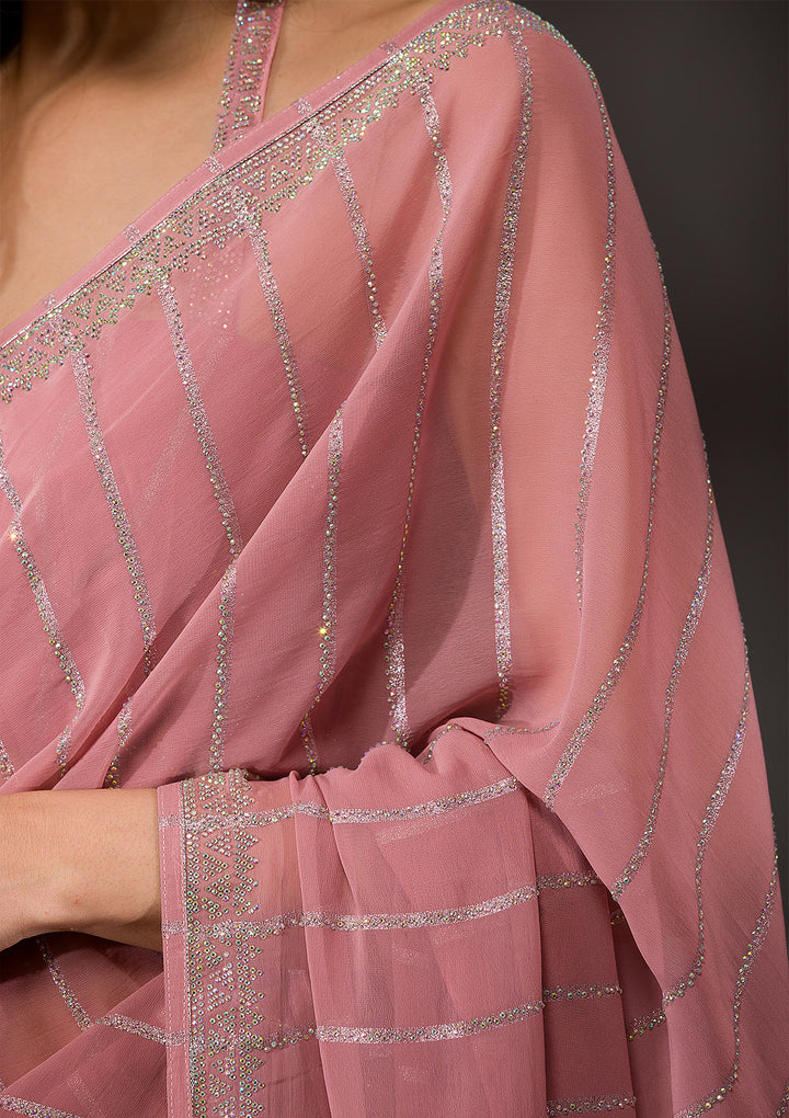 Bottle Green Stonework Semi Crepe Designer Saree-Koskii