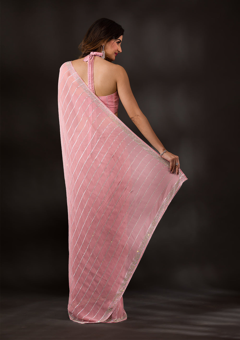 Grey Stonework Satin Designer Saree-Koskii