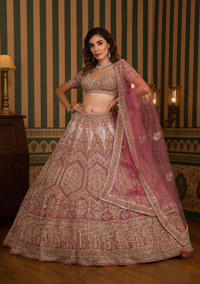 Onion Pink Stonework Net Readymade Lehenga-Koskii