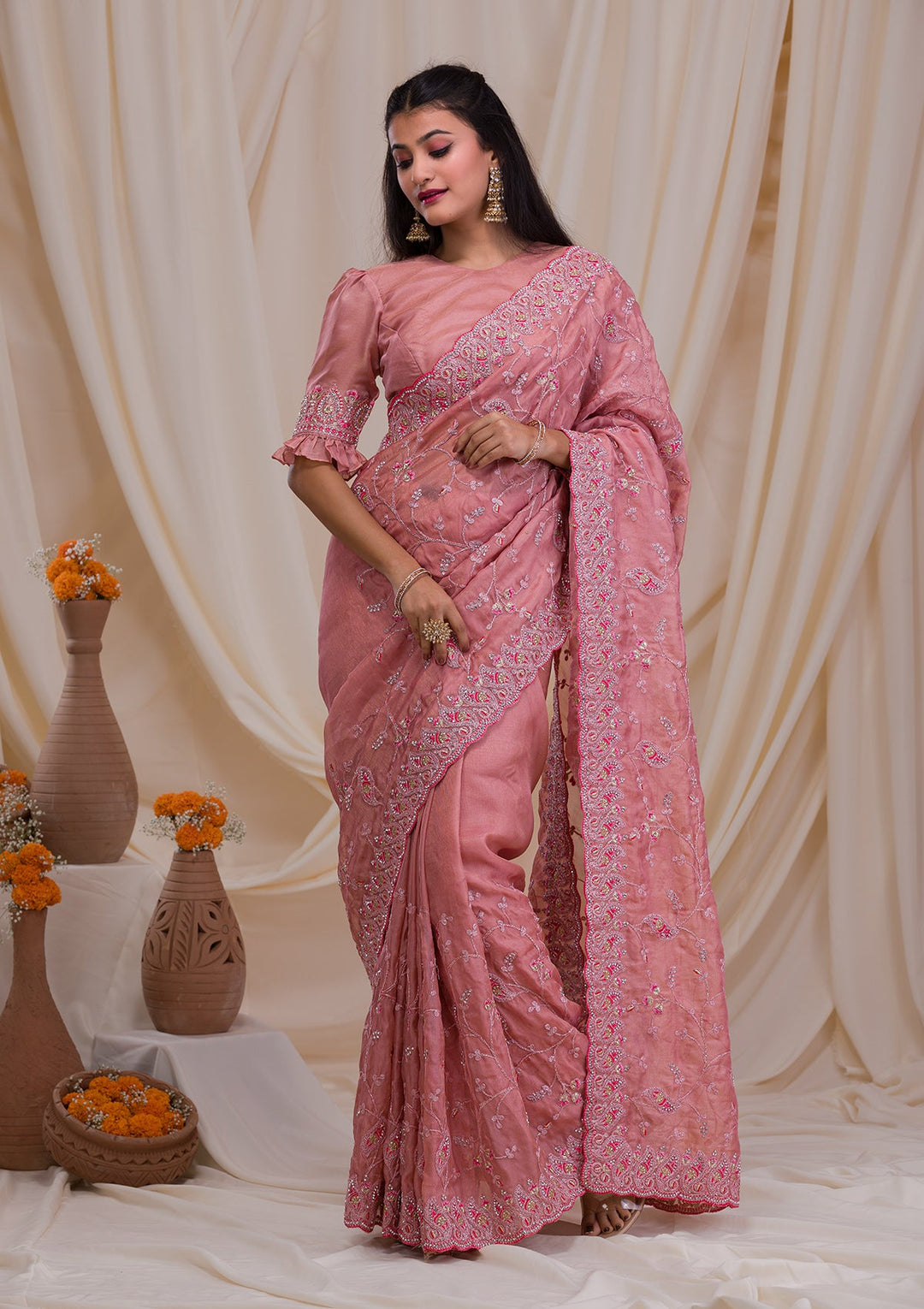 Onion Pink Stonework Net Saree-Koskii