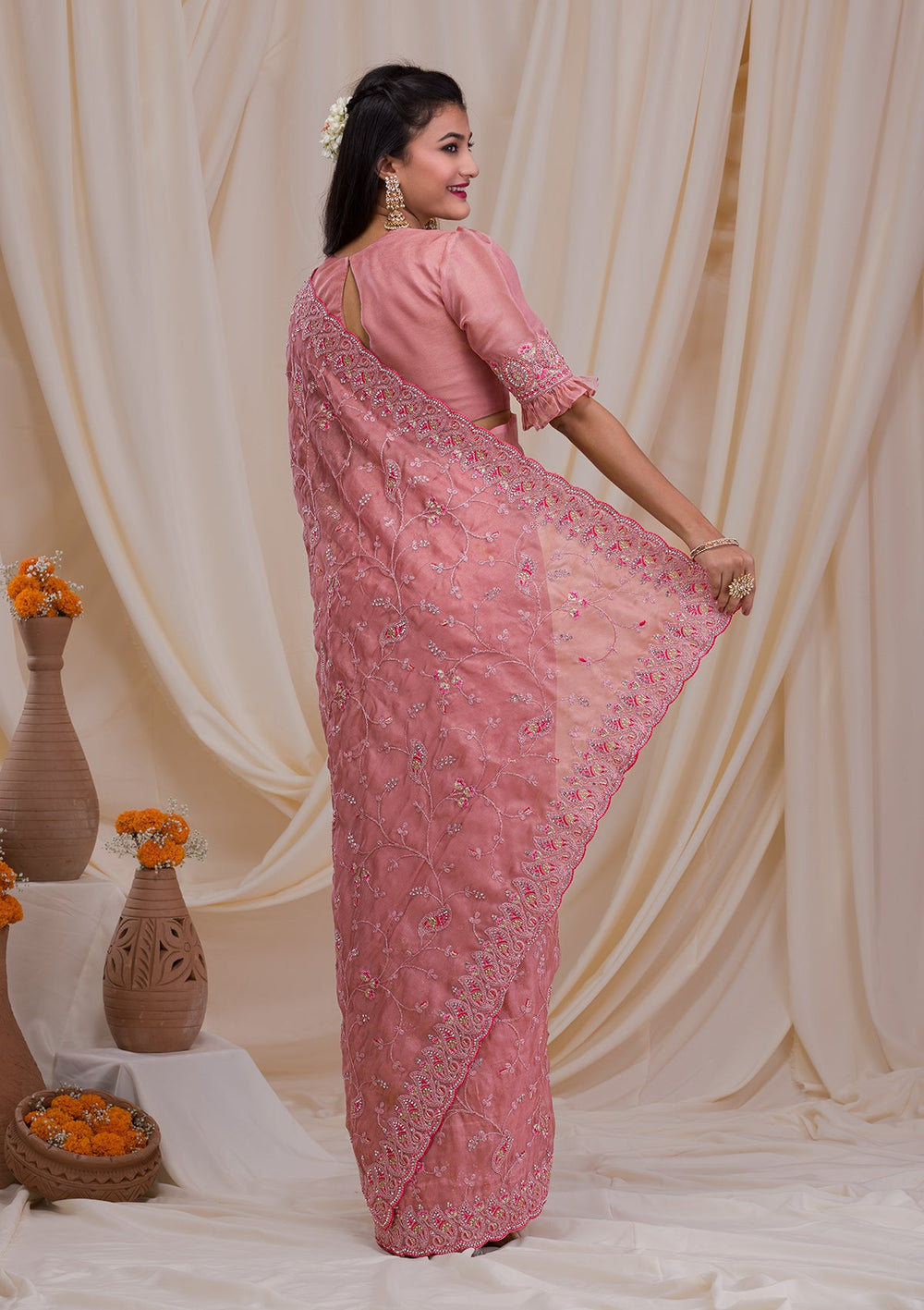 Onion Pink Stonework Net Saree-Koskii