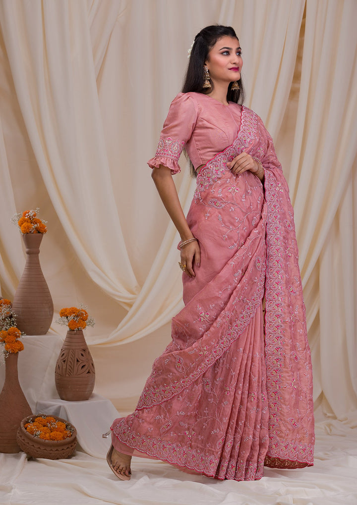 Onion Pink Stonework Net Saree-Koskii