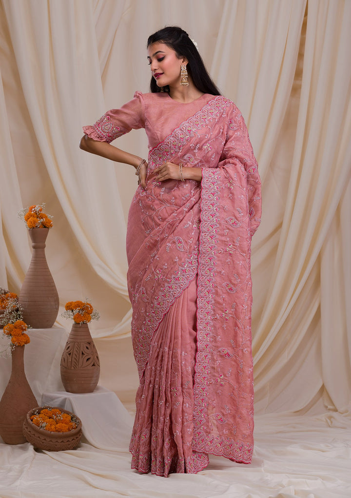 Onion Pink Stonework Net Saree-Koskii