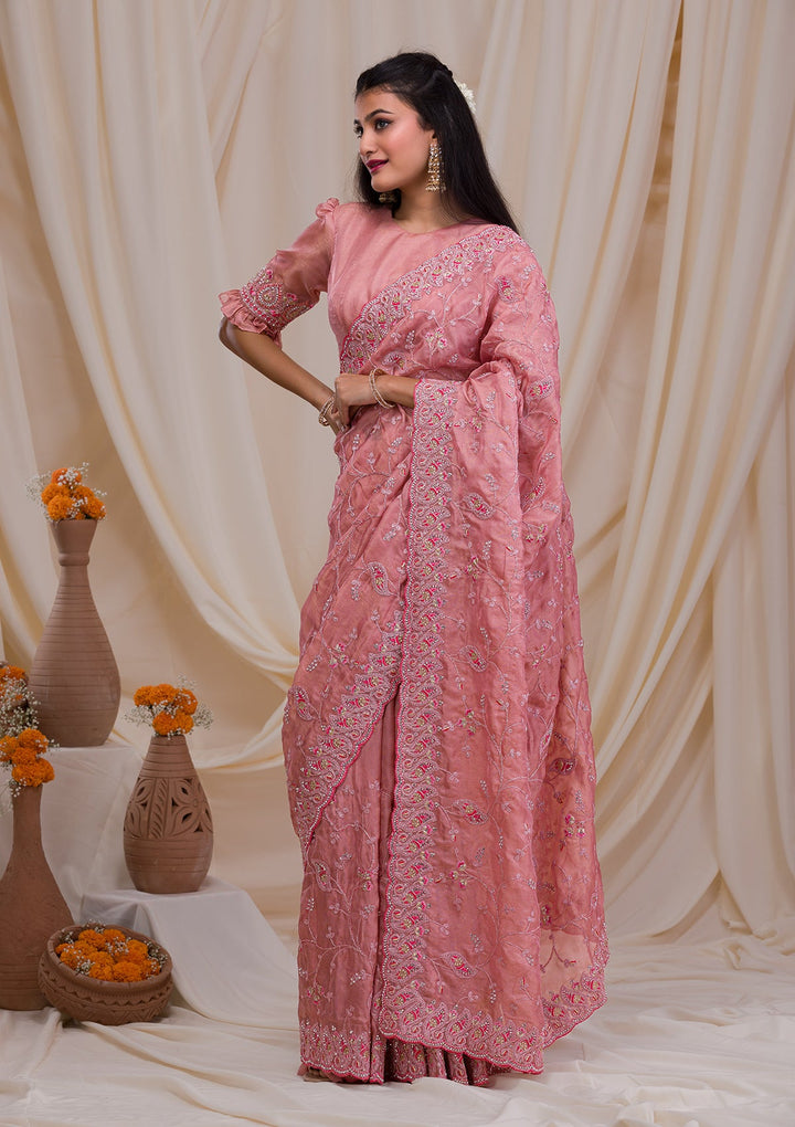 Onion Pink Stonework Net Saree-Koskii