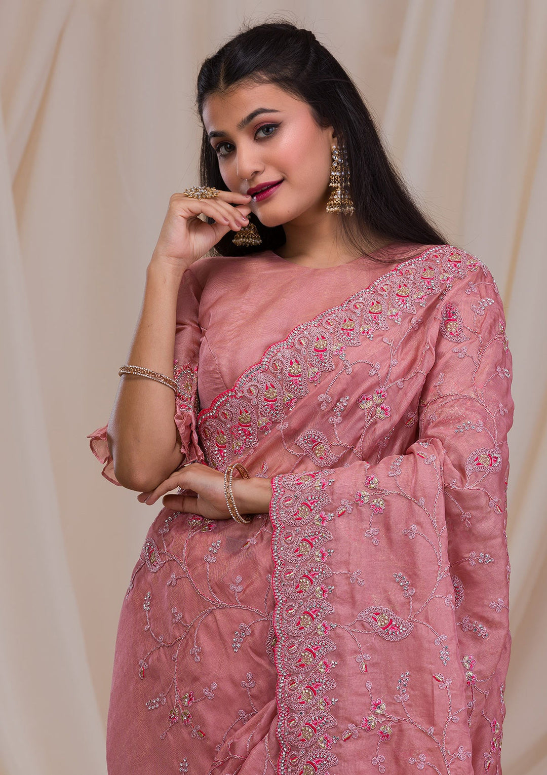 Onion Pink Stonework Net Saree-Koskii