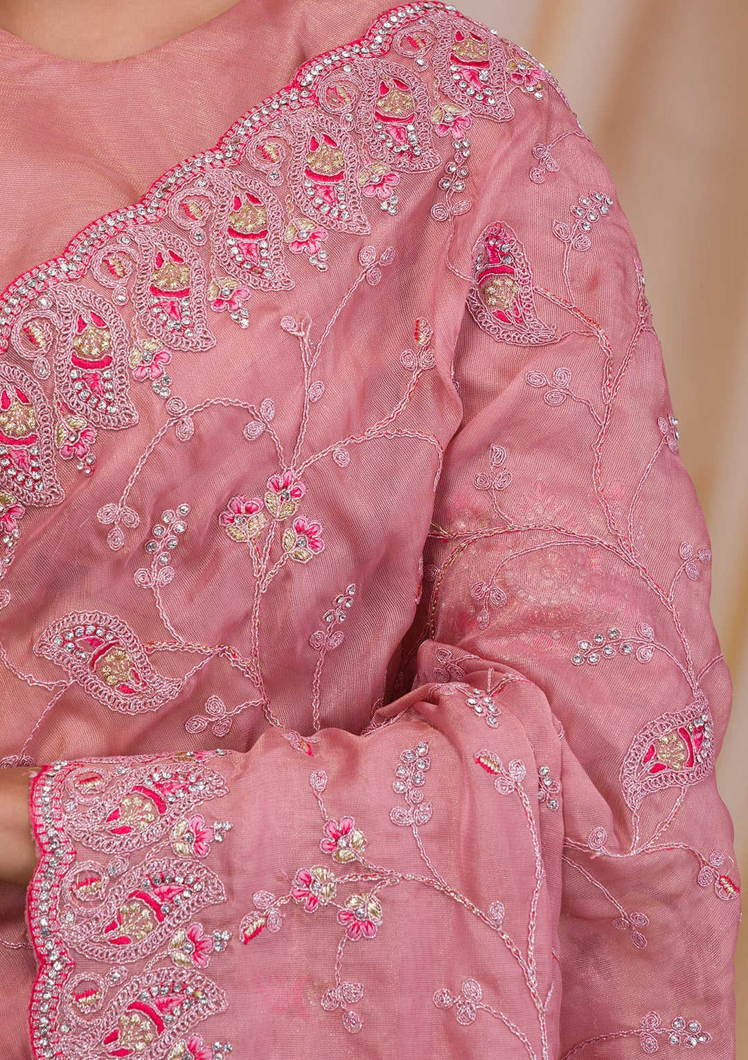 Onion Pink Stonework Net Saree-Koskii