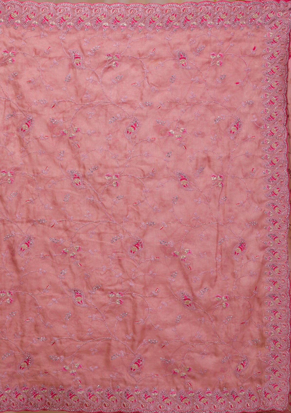 Onion Pink Stonework Net Saree-Koskii