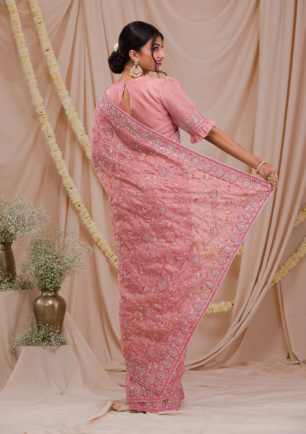 Onion Pink Stonework Net Saree-Koskii
