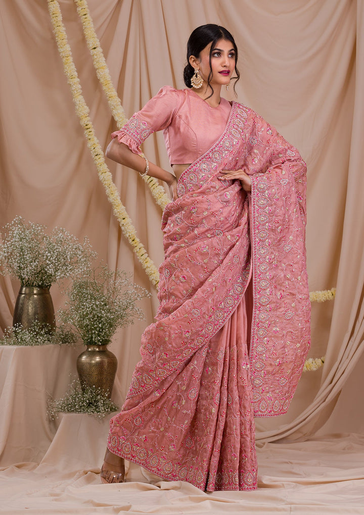 Onion Pink Stonework Net Saree-Koskii