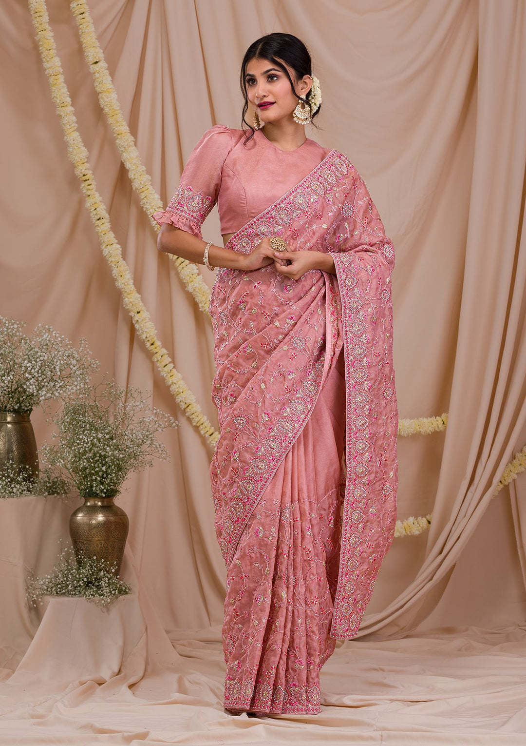 Onion Pink Stonework Net Saree-Koskii