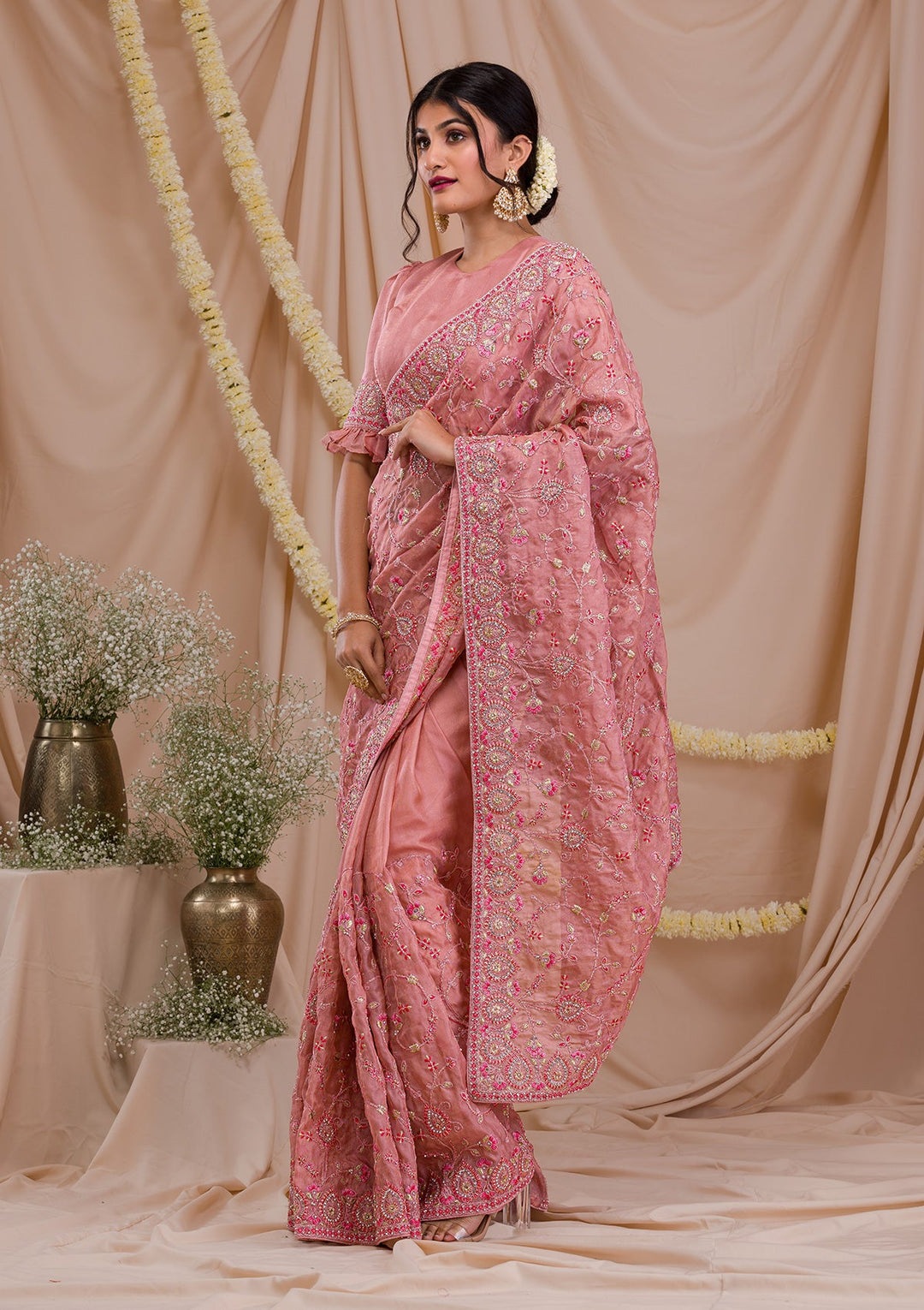 Onion Pink Stonework Net Saree-Koskii