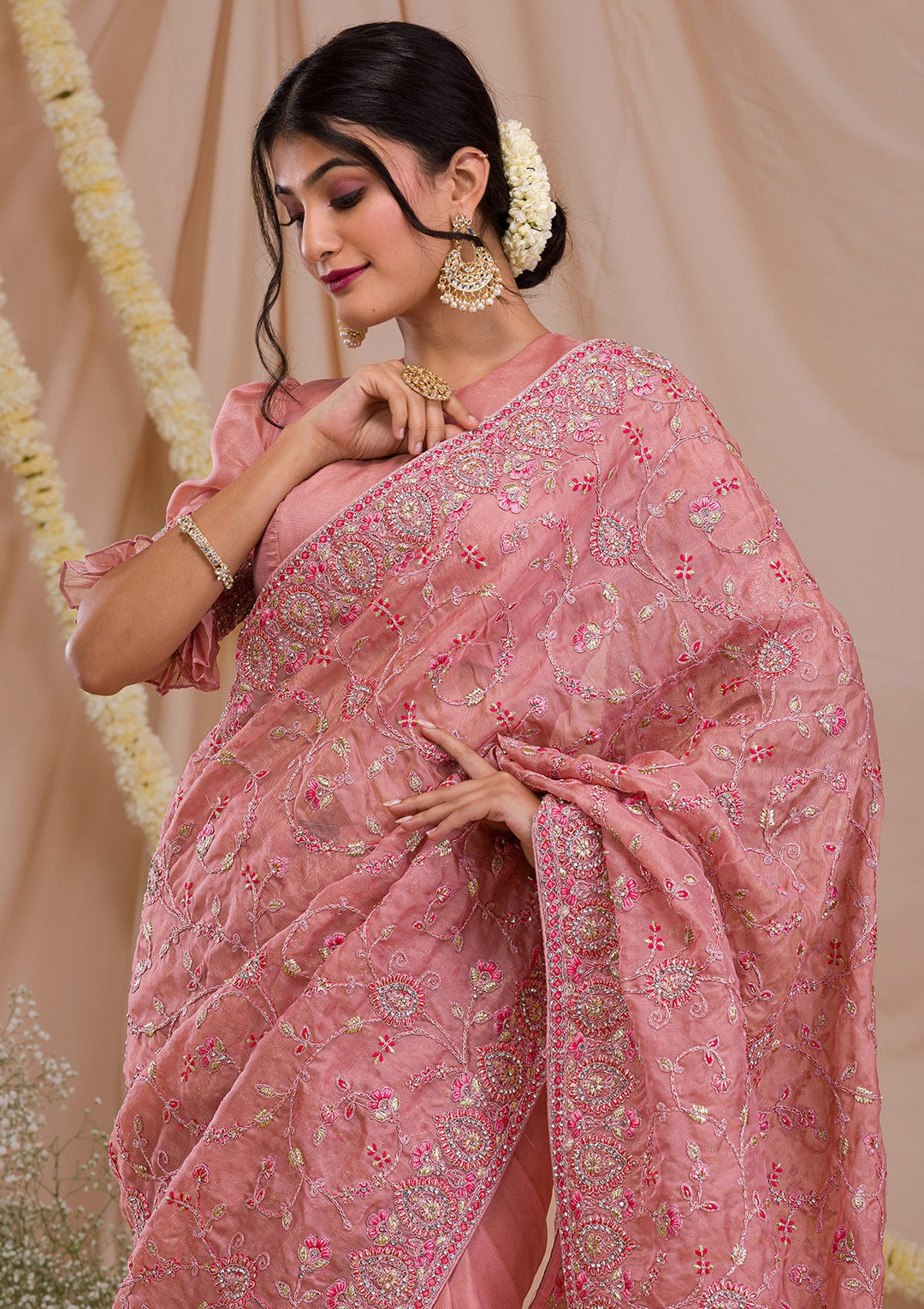 Onion Pink Stonework Net Saree-Koskii