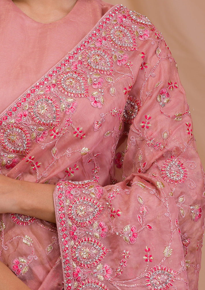 Onion Pink Stonework Net Saree-Koskii