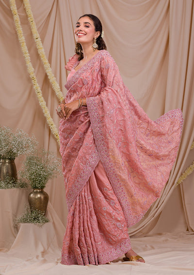 Onion Pink Stonework Net Saree-Koskii