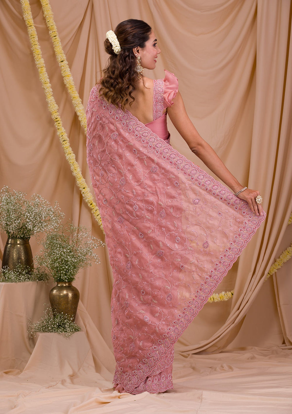 Onion Pink Stonework Net Saree-Koskii