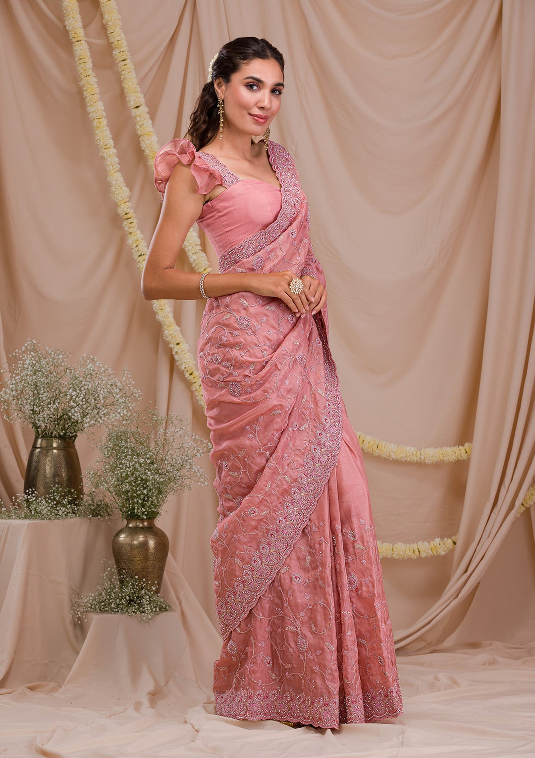 Onion Pink Stonework Net Saree-Koskii