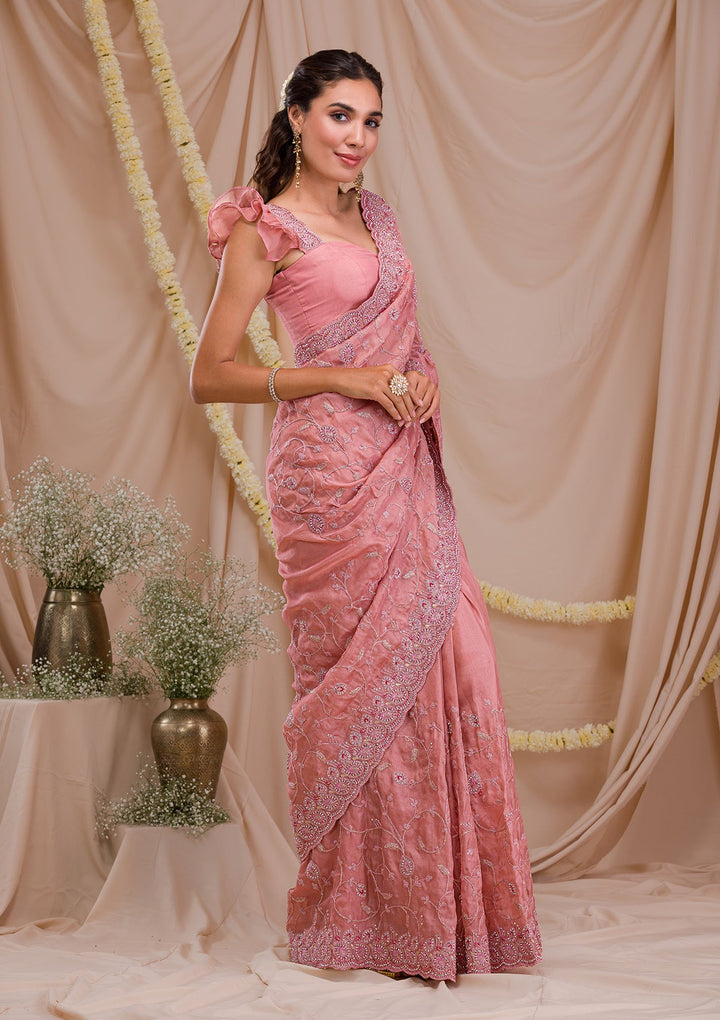 Onion Pink Stonework Net Saree-Koskii
