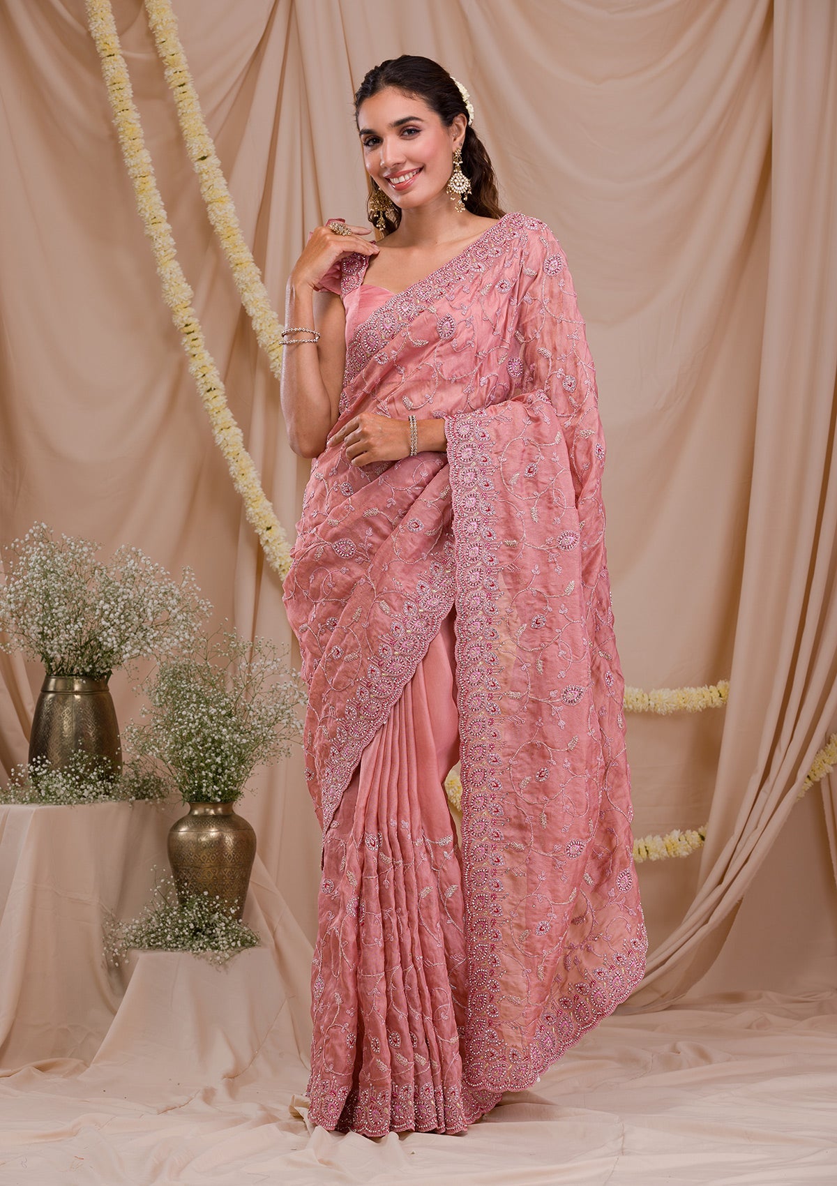 Onion Pink Stonework Net Saree-Koskii