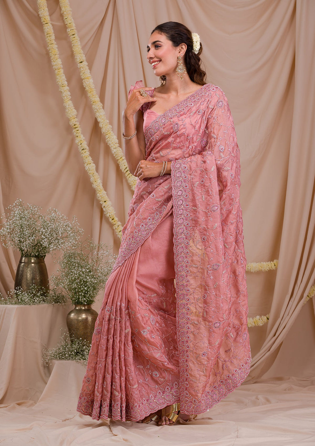 Onion Pink Stonework Net Saree-Koskii