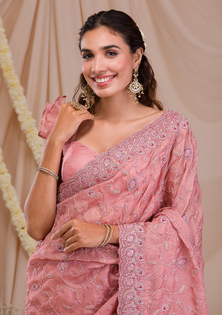 Onion Pink Stonework Net Saree-Koskii