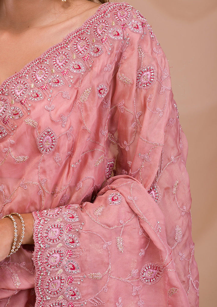 Onion Pink Stonework Net Saree-Koskii