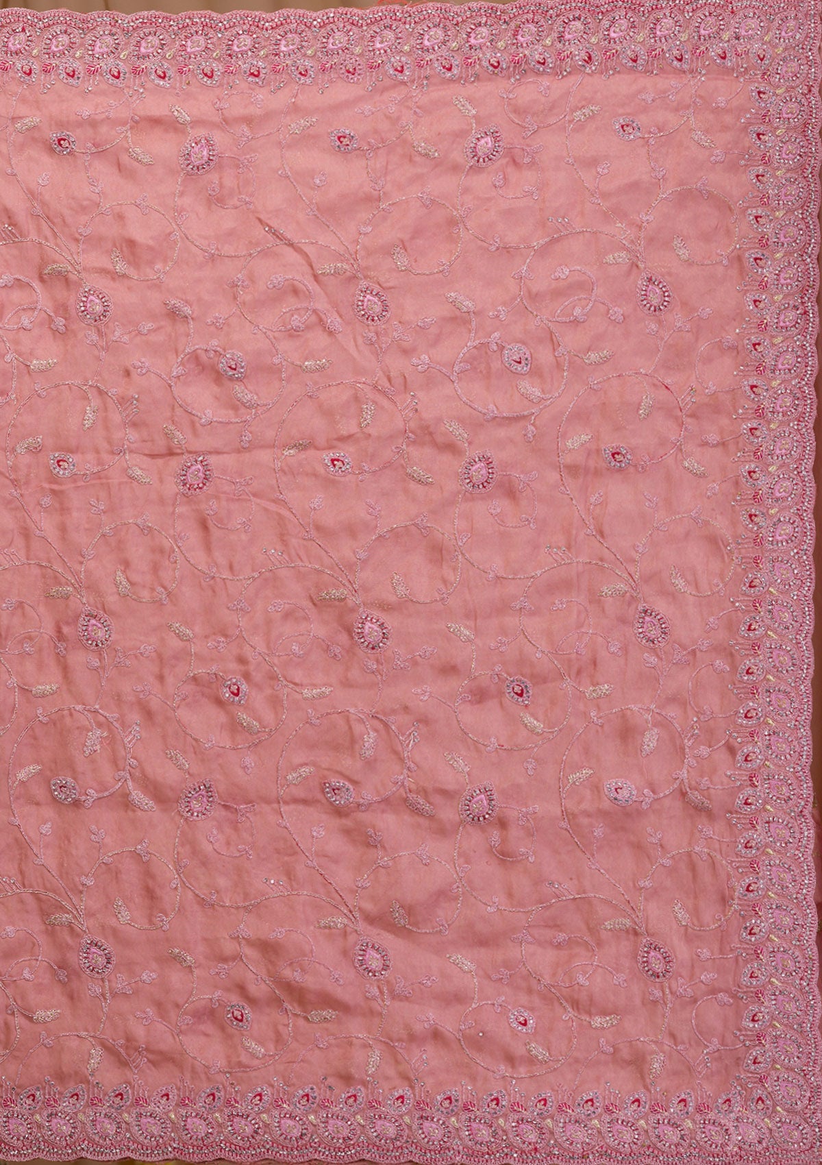 Onion Pink Stonework Net Saree-Koskii