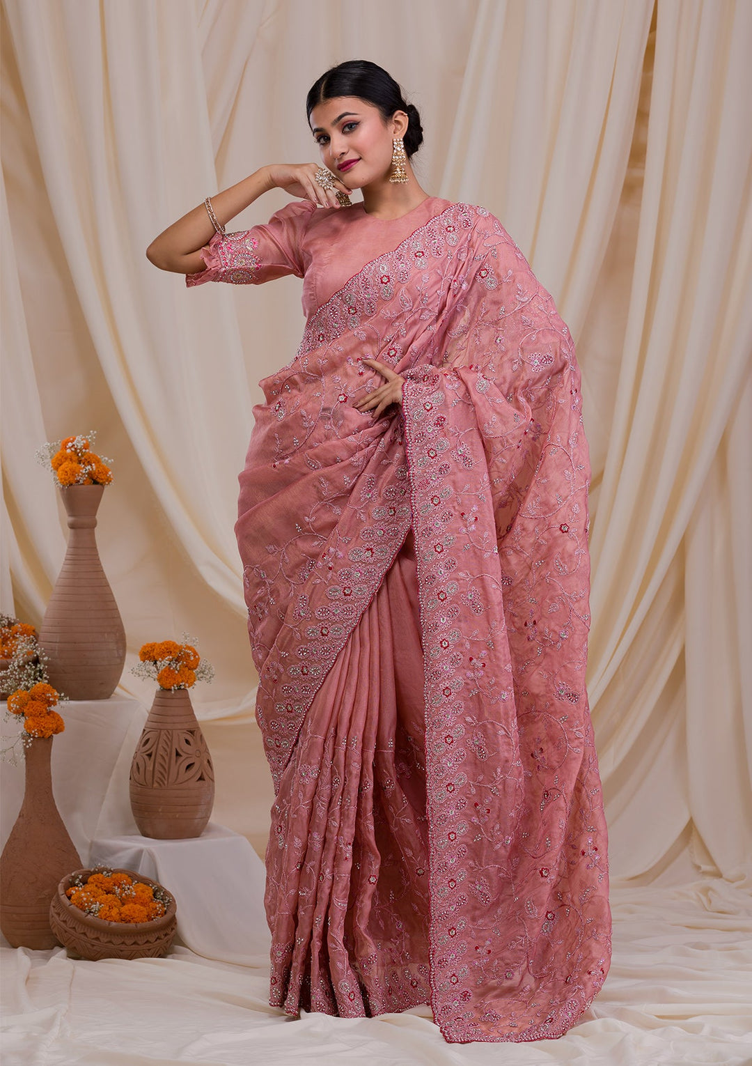 Onion Pink Stonework Net Saree-Koskii