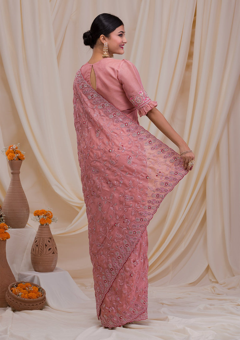 Onion Pink Stonework Net Saree-Koskii