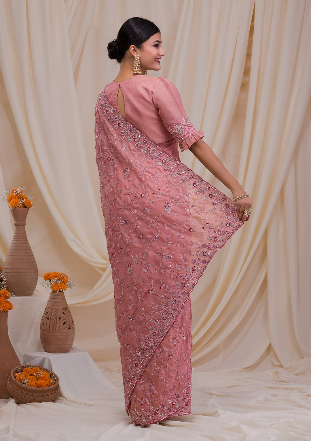 Onion Pink Stonework Net Saree-Koskii