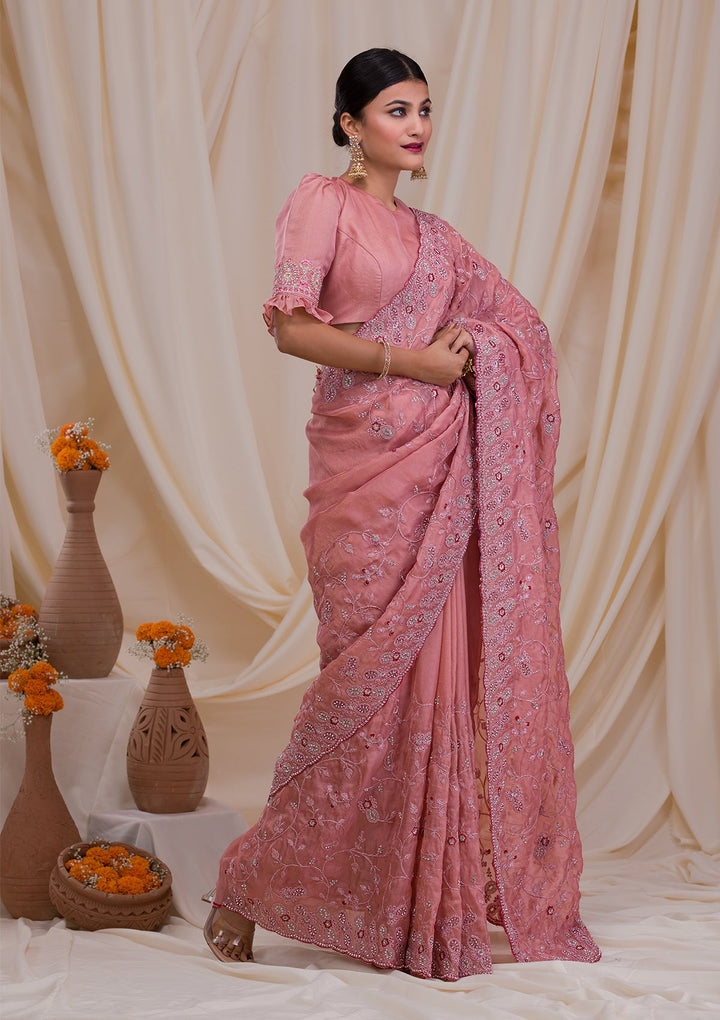 Onion Pink Stonework Net Saree-Koskii