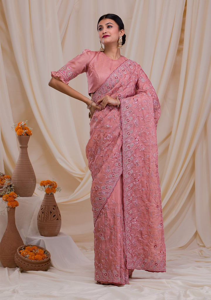 Onion Pink Stonework Net Saree-Koskii