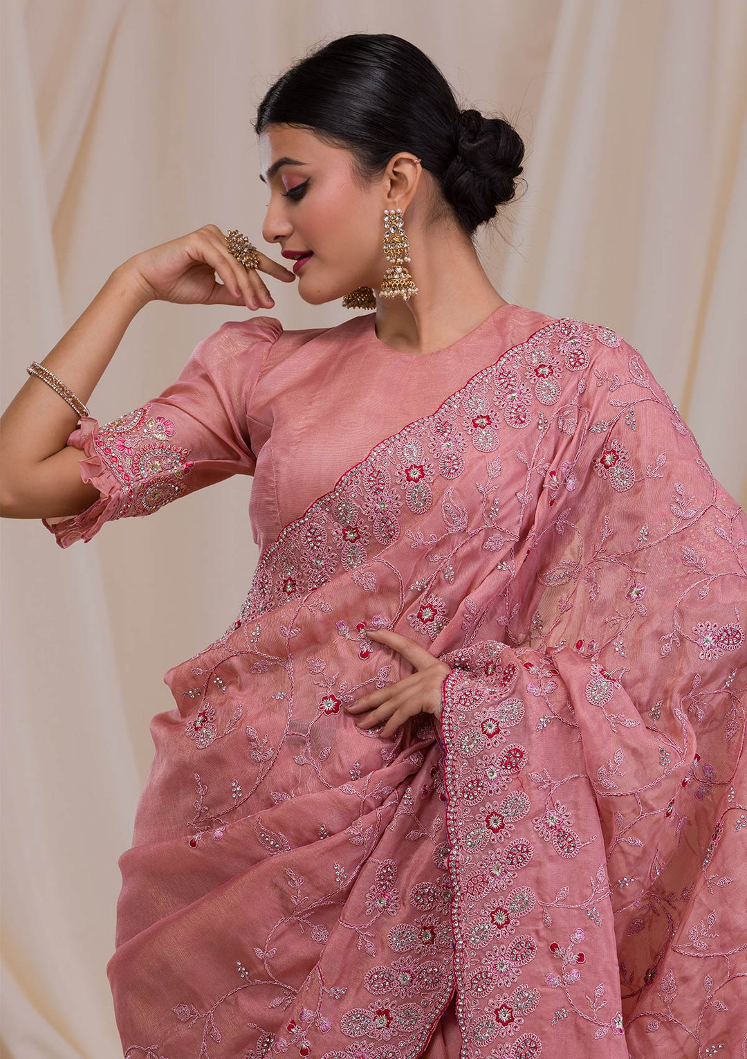 Onion Pink Stonework Net Saree-Koskii