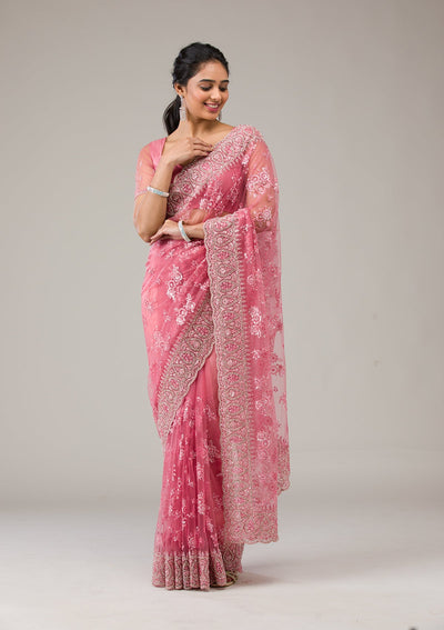 Onion Pink Stonework Net Saree-Koskii