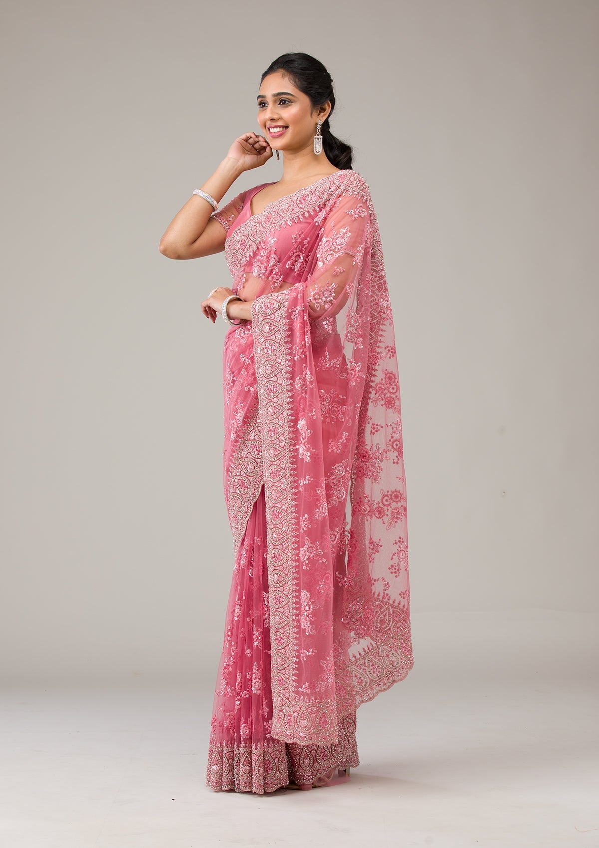 Onion Pink Stonework Net Saree-Koskii