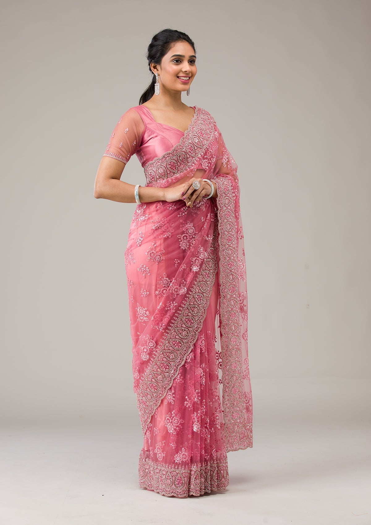 Onion Pink Stonework Net Saree-Koskii