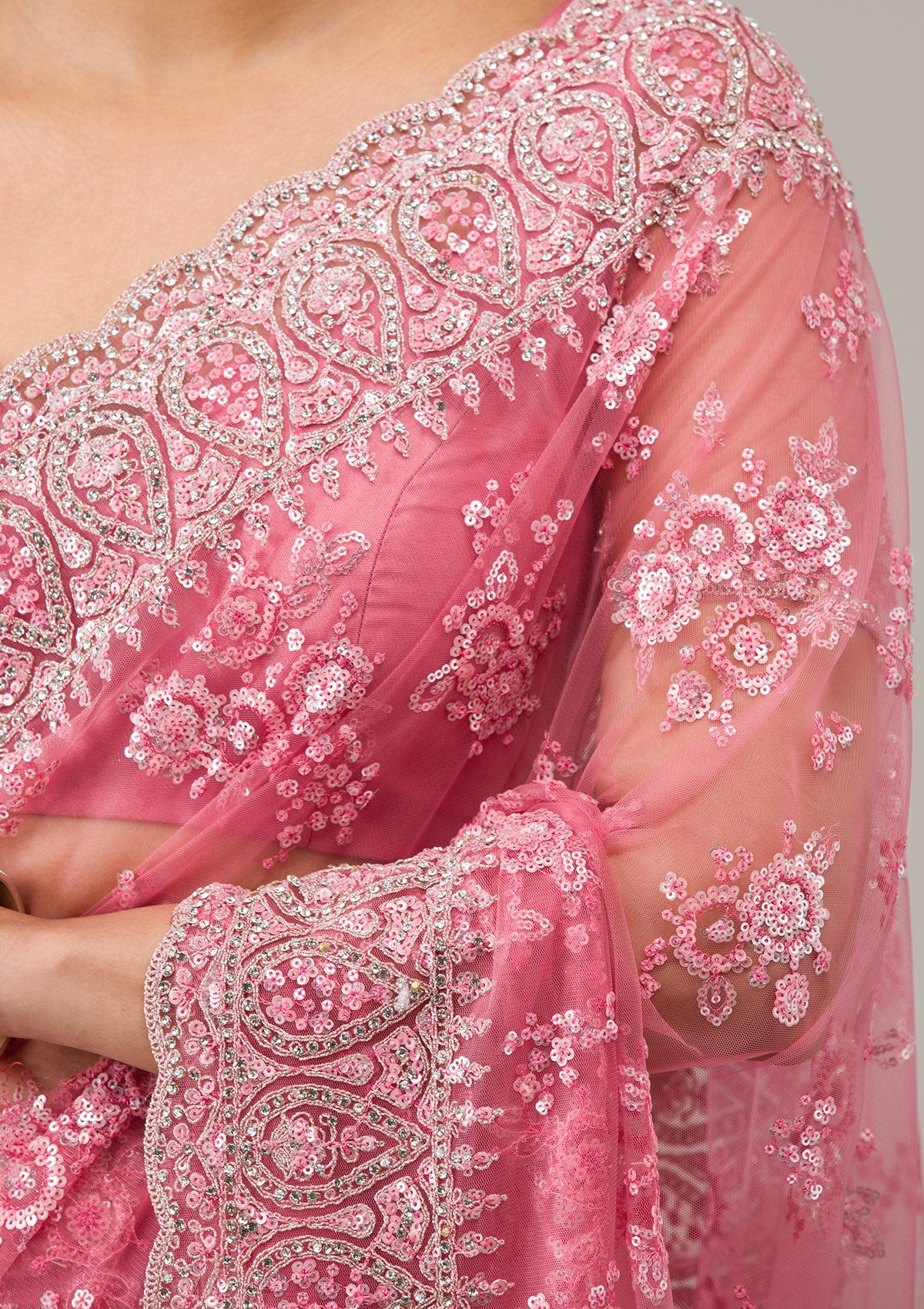 Onion Pink Stonework Net Saree-Koskii