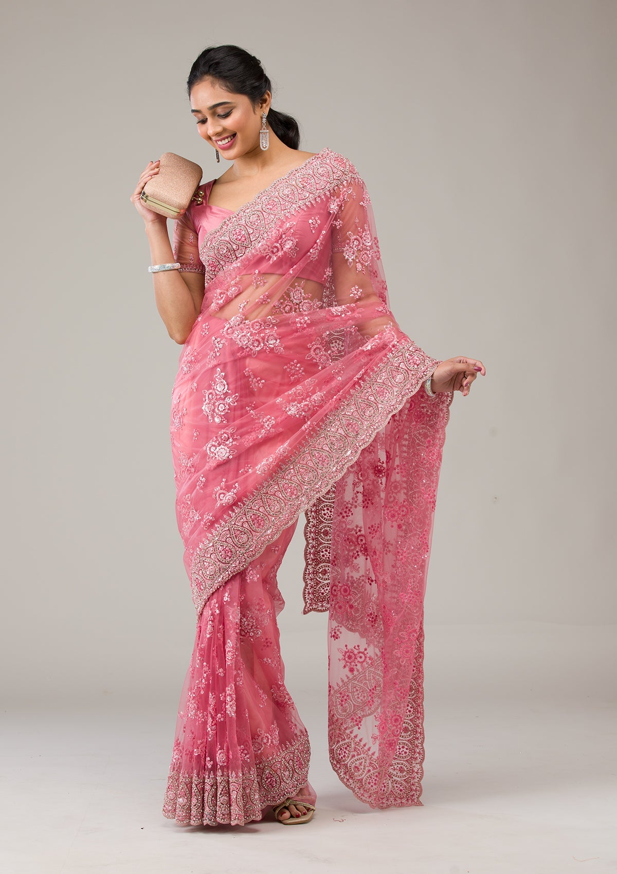 Onion Pink Stonework Net Saree-Koskii