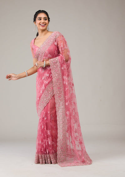 Onion Pink Stonework Net Saree-Koskii