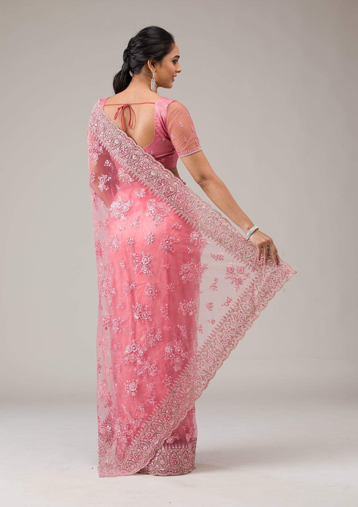 Onion Pink Stonework Net Saree-Koskii