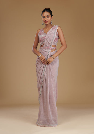 Onion Pink Stonework Satin Readymade Saree-Koskii