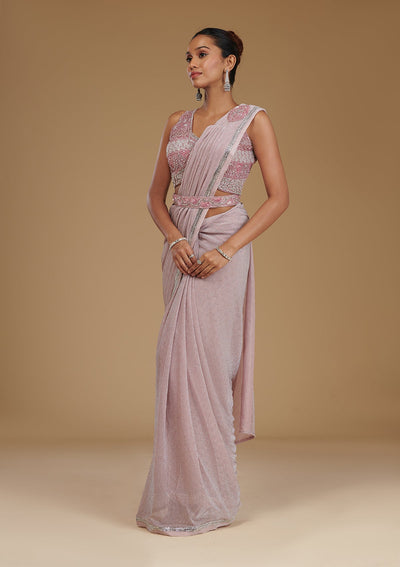 Onion Pink Stonework Satin Readymade Saree-Koskii