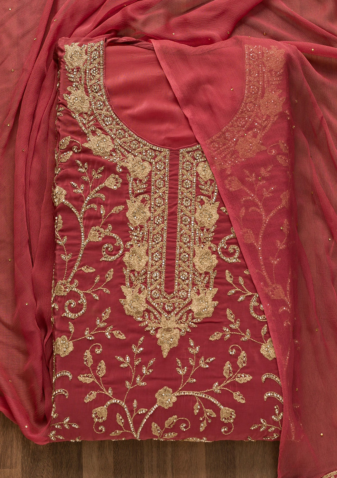 Onion Pink Stonework Semi Crepe Unstitched Salwar Suit-Koskii