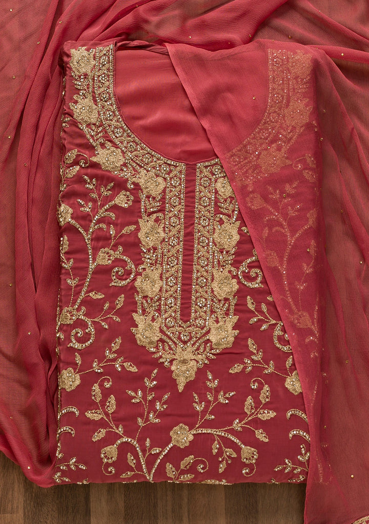 Onion Pink Stonework Semi Crepe Unstitched Salwar Suit-Koskii