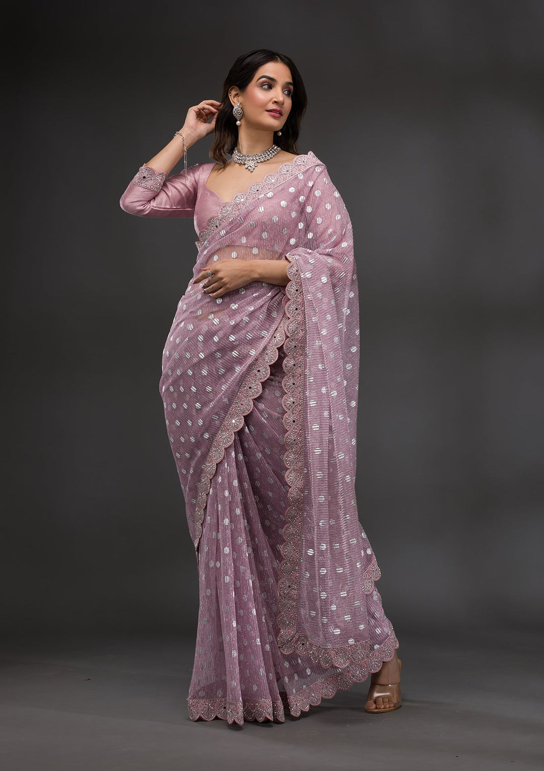 Onion Pink Stonework Shimmer Georgette Saree-Koskii