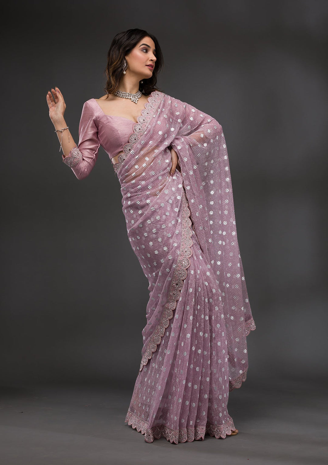 Onion Pink Stonework Shimmer Georgette Saree-Koskii
