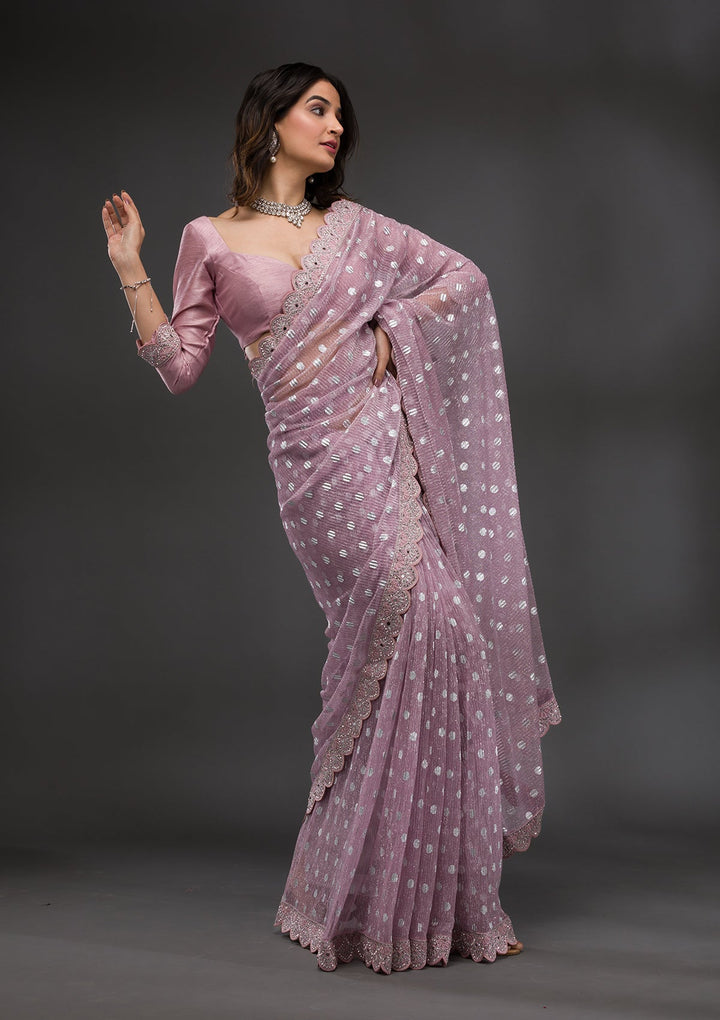 Onion Pink Stonework Shimmer Georgette Saree-Koskii