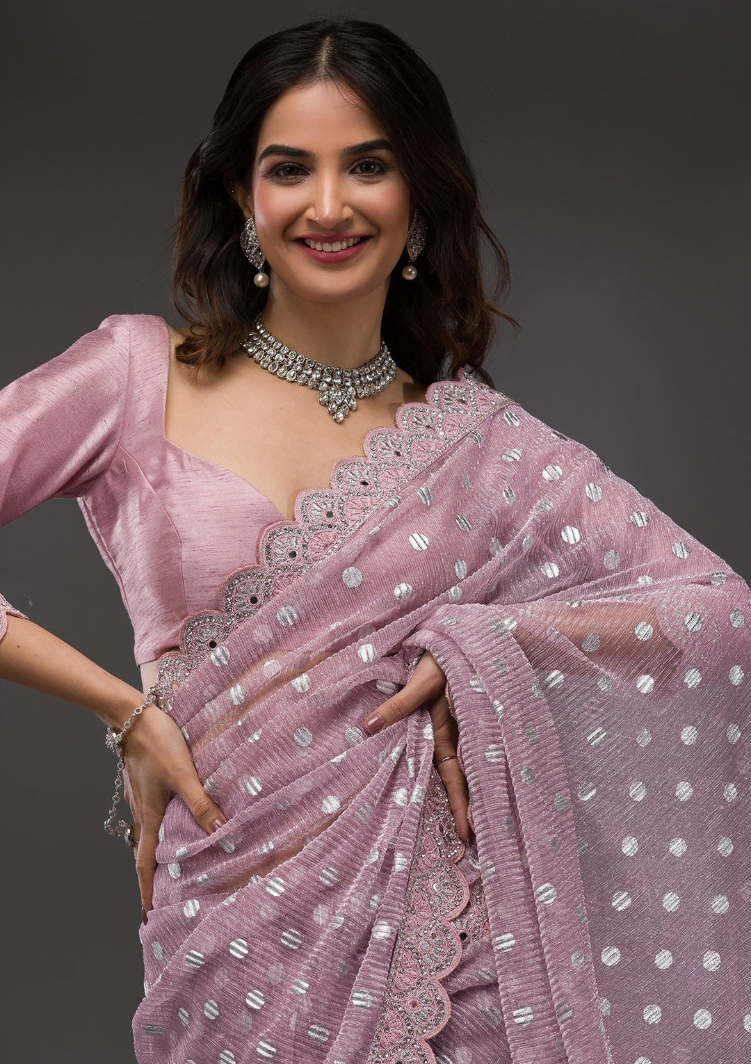 Onion Pink Stonework Shimmer Georgette Saree-Koskii