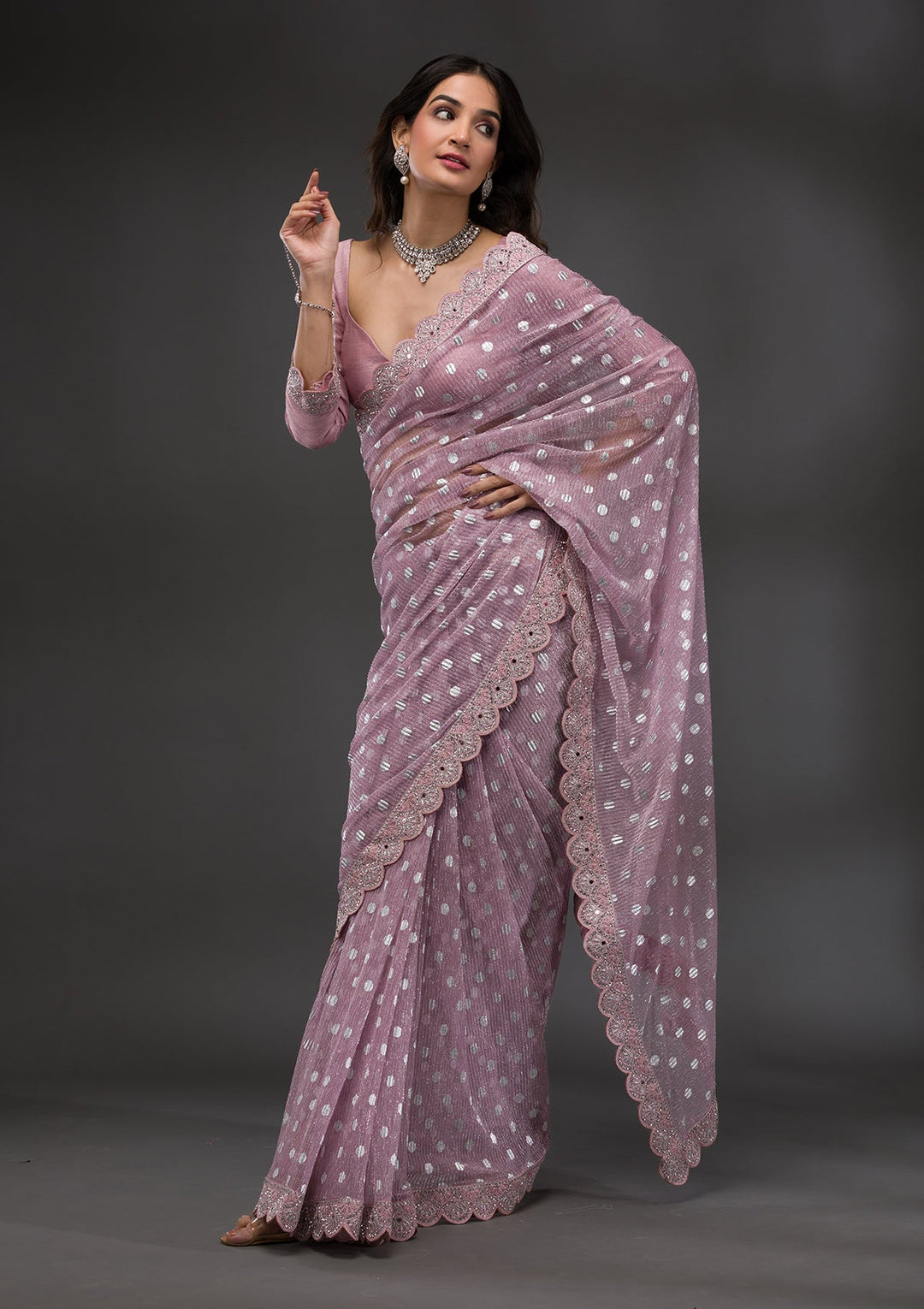 Onion Pink Stonework Shimmer Georgette Saree-Koskii