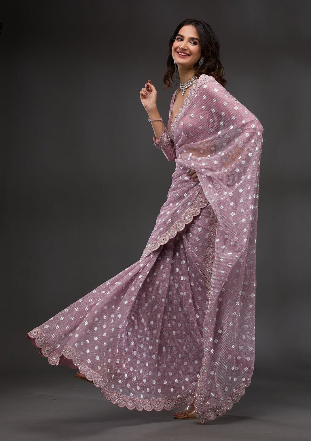 Onion Pink Stonework Shimmer Georgette Saree-Koskii