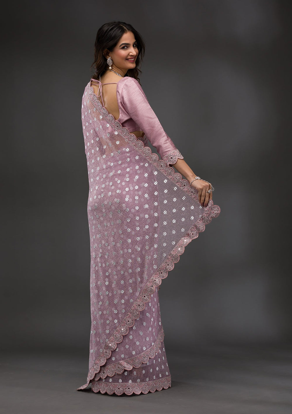 Onion Pink Stonework Shimmer Georgette Saree-Koskii